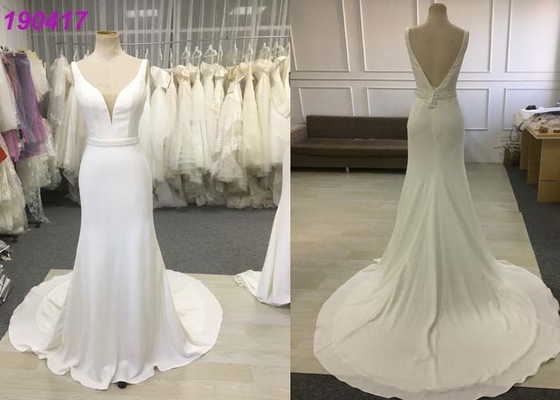 Double V Neck A Line Wedding Dress / A Line Style Wedding Dresses With Pearls Belt