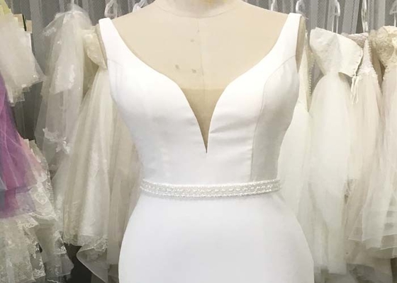 Double V Neck A Line Wedding Dress / A Line Style Wedding Dresses With Pearls Belt