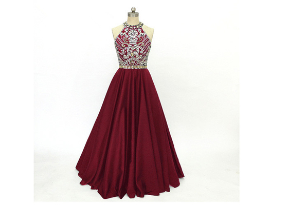 Elegant Summer Satin Prom Ball Gowns With Crystal Beading Decoration Red Halter