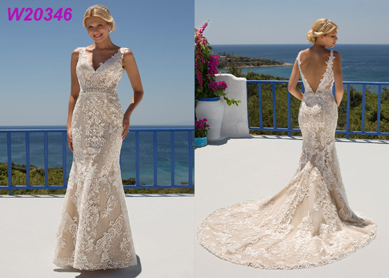 Beautiful V Neck Lace Fit And Flare Dress Sexy V Backless With Train