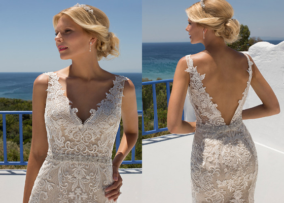 Beautiful V Neck Lace Fit And Flare Dress Sexy V Backless With Train