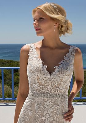 Beautiful V Neck Lace Fit And Flare Dress Sexy V Backless With Train