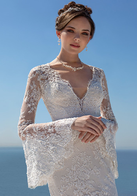 Chantilly Lace And Tulle Fitted A Line Ball Gown Wedding Dress Split Long Sleeves