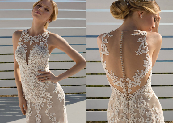 Geometrical Lace Patterning A Line Ball Gown Wedding Dress Deep V Neckline Waistcoat