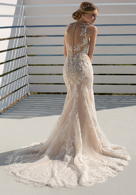 Geometrical Lace Patterning A Line Ball Gown Wedding Dress Deep V Neckline Waistcoat