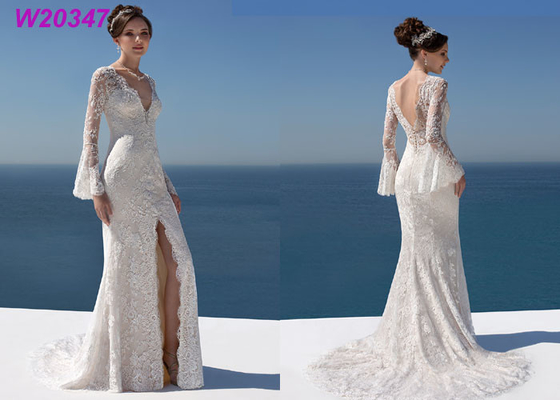 Chantilly Lace And Tulle Fitted A Line Ball Gown Wedding Dress Split Long Sleeves
