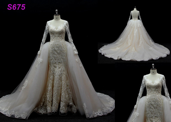 Long Sleeves lace application detached train mermaid wedding dresses