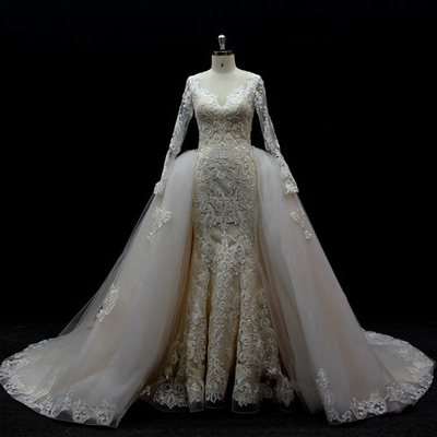 Long Sleeves lace application detached train mermaid wedding dresses