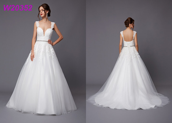 Modest Sheer Deep V Dekolt Princess Bride Wedding Dress Pasy Lace Up Back